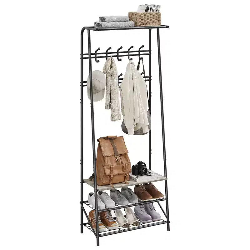 Industrial Entryway Hall Tree with Double Hooks, Shoe Storage Bench and Top Shelf