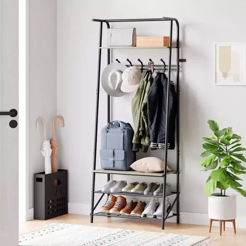 Industrial Entryway Hall Tree with Double Hooks, Shoe Storage Bench and Top Shelf