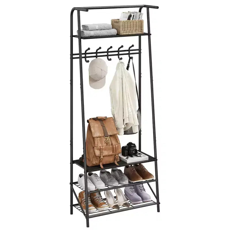 Industrial Entryway Hall Tree with Double Hooks, Shoe Storage Bench and Top Shelf