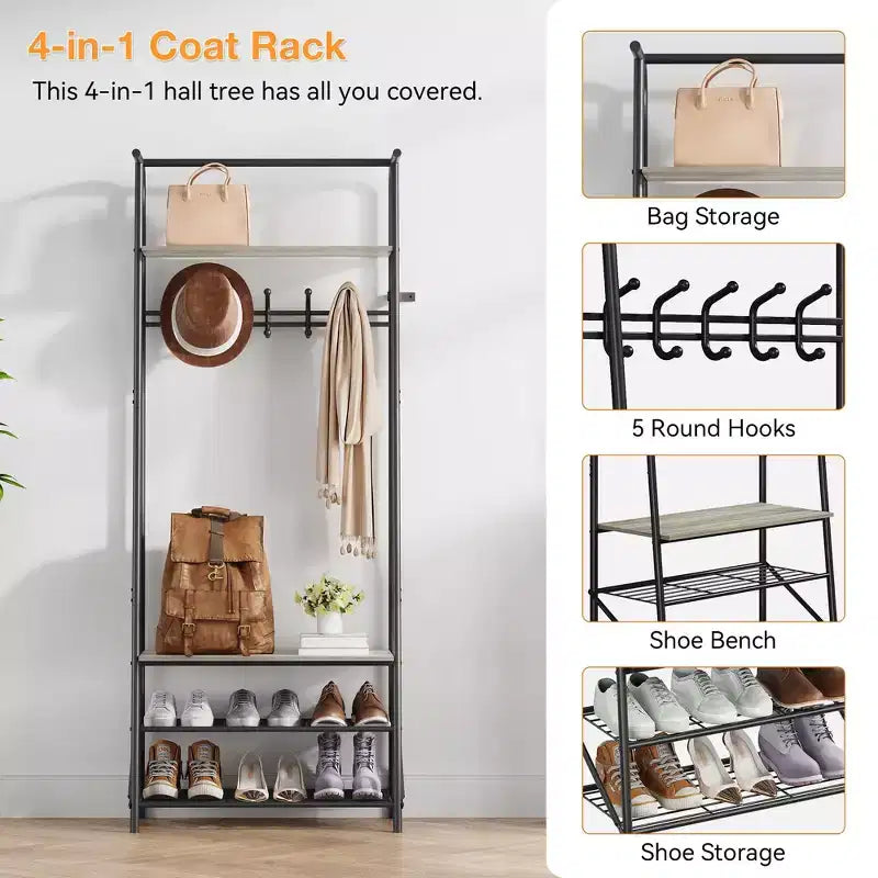 Industrial Entryway Hall Tree with Double Hooks, Shoe Storage Bench and Top Shelf