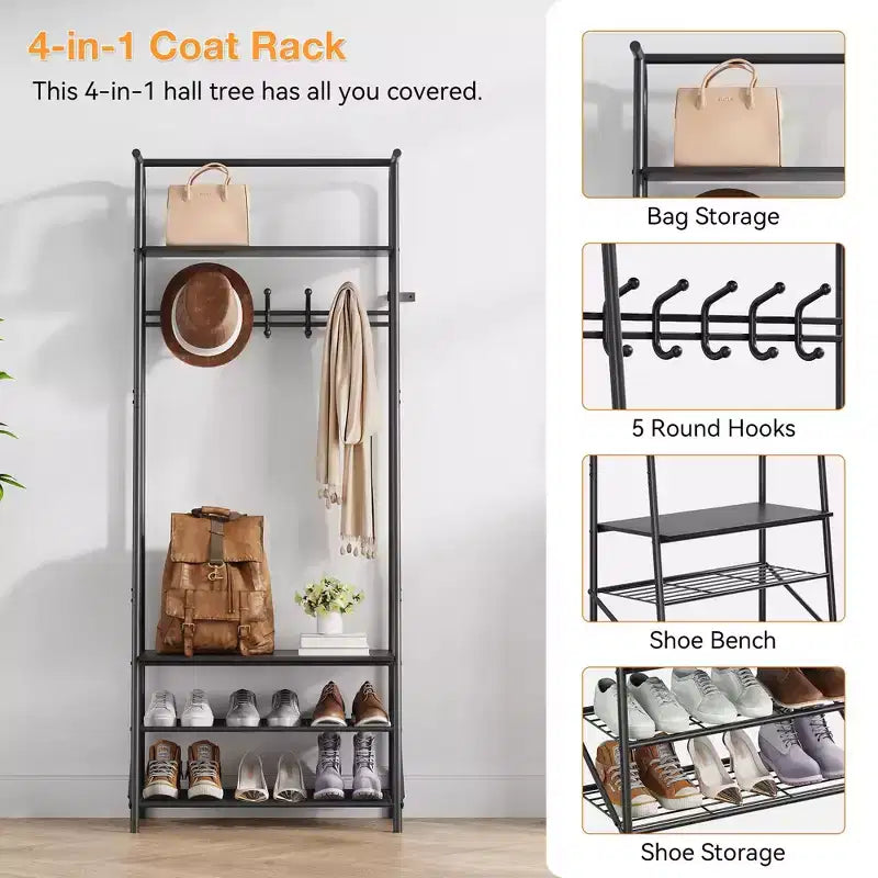 Industrial Entryway Hall Tree with Double Hooks, Shoe Storage Bench and Top Shelf