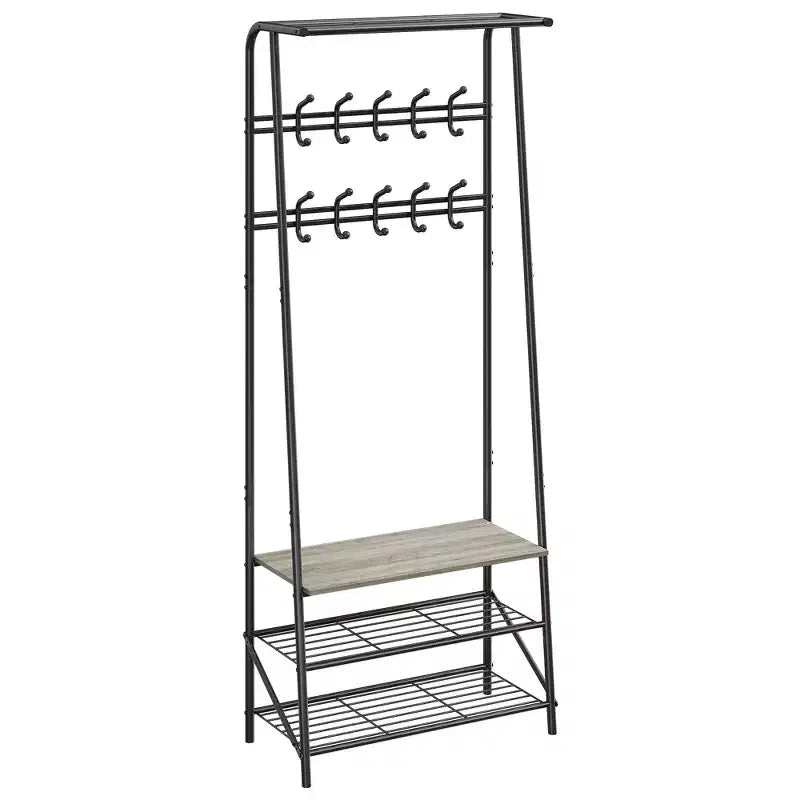Industrial Entryway Hall Tree with Double Hooks, Shoe Storage Bench and Top Shelf