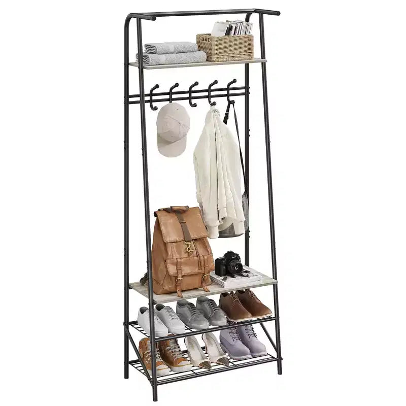 Industrial Entryway Hall Tree with Double Hooks, Shoe Storage Bench and Top Shelf