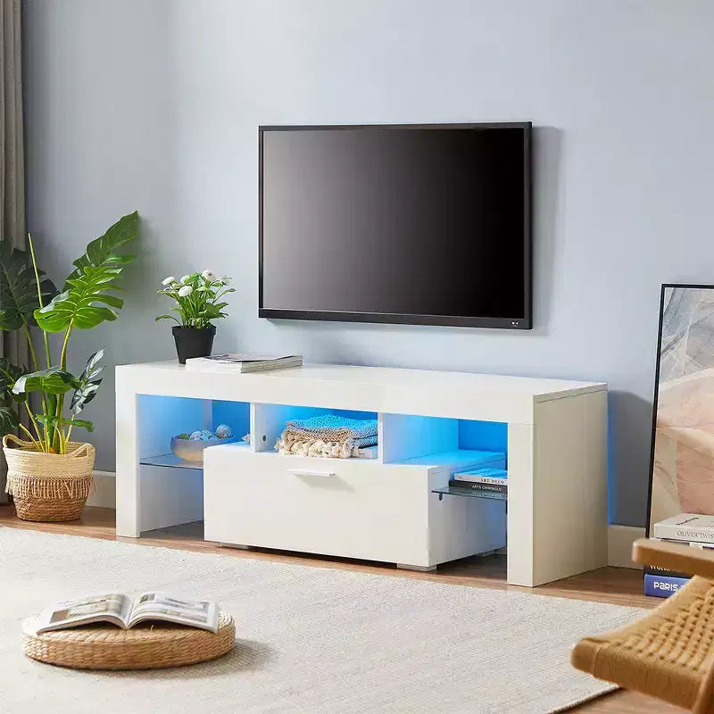 TV Stand with Remote Control LED Light Strip, 2 Drawers and Open Shelves for TVs up to 65", White
