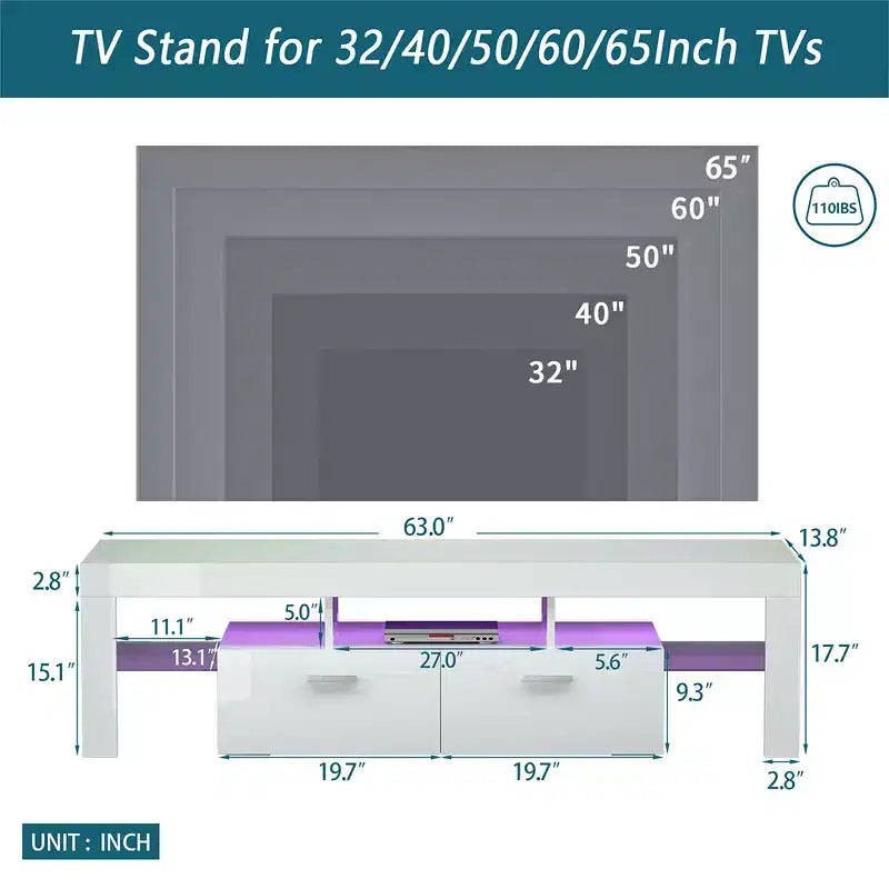 TV Stand with Remote Control LED Light Strip, 2 Drawers and Open Shelves for TVs up to 65", White