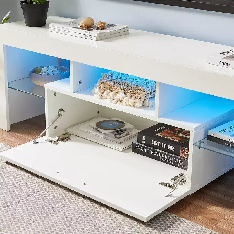 TV Stand with Remote Control LED Light Strip, 2 Drawers and Open Shelves for TVs up to 65", White