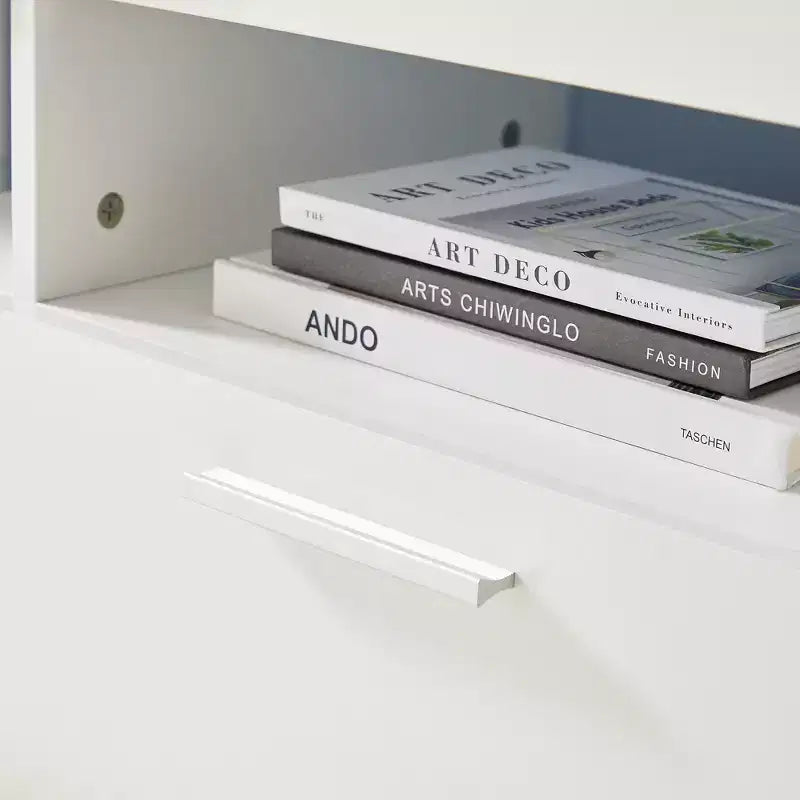 TV Stand with Remote Control LED Light Strip, 2 Drawers and Open Shelves for TVs up to 65", White