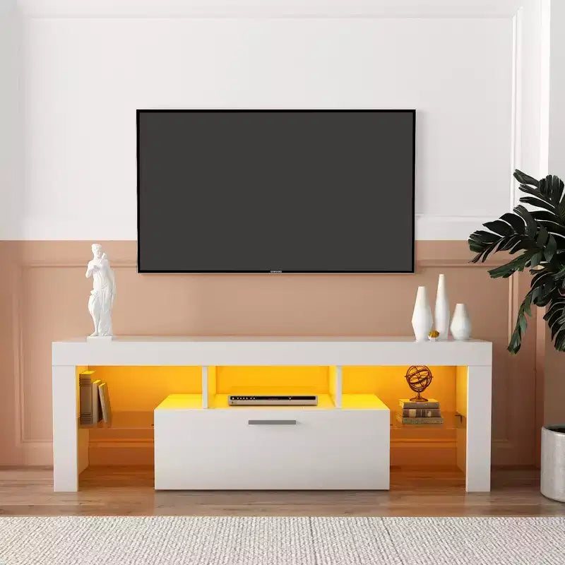 TV Stand with Remote Control LED Light Strip, 2 Drawers and Open Shelves for TVs up to 65", White