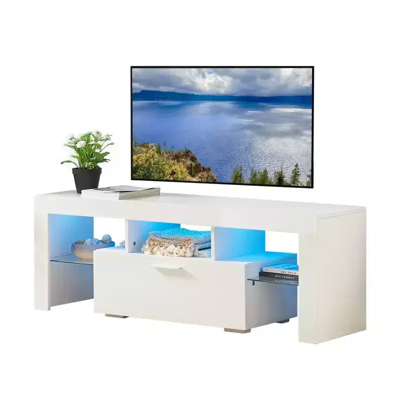 TV Stand with Remote Control LED Light Strip, 2 Drawers and Open Shelves for TVs up to 65", White