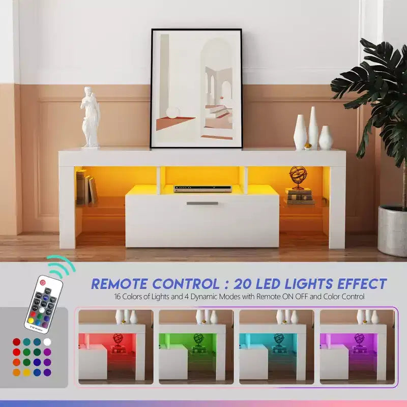 TV Stand with Remote Control LED Light Strip, 2 Drawers and Open Shelves for TVs up to 65", White