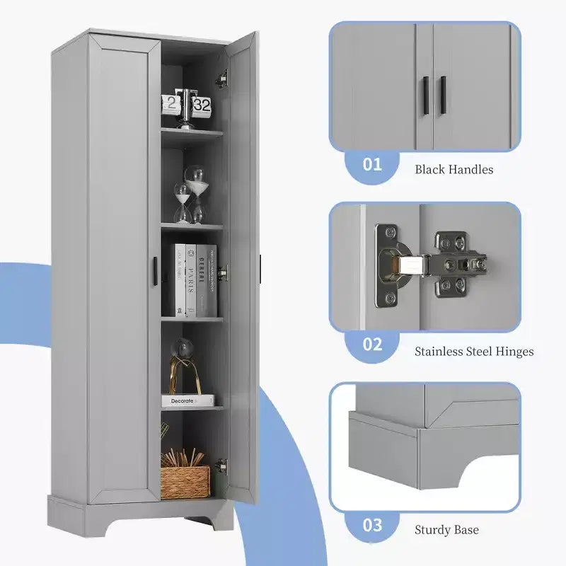 70" Freestanding Wood Storage Cabinet with Double Doors and Adjustable Shelves