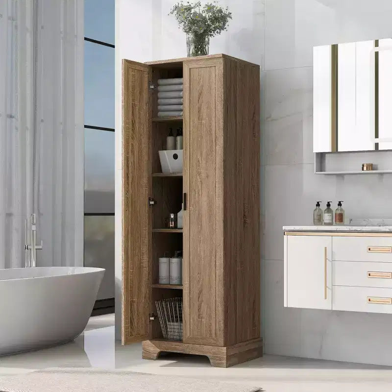 70" Freestanding Wood Storage Cabinet with Double Doors and Adjustable Shelves