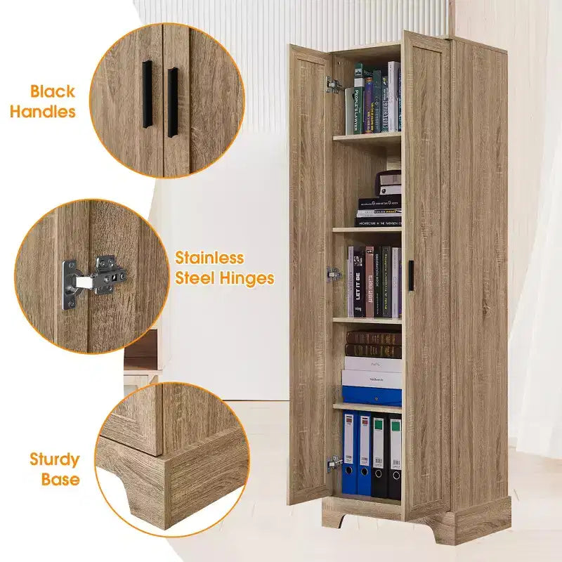 70" Freestanding Wood Storage Cabinet with Double Doors and Adjustable Shelves