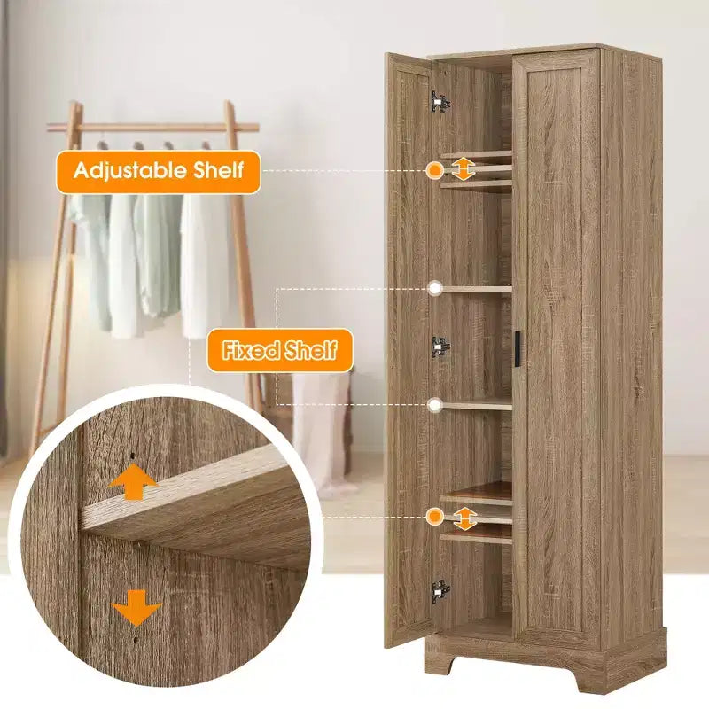 70" Freestanding Wood Storage Cabinet with Double Doors and Adjustable Shelves
