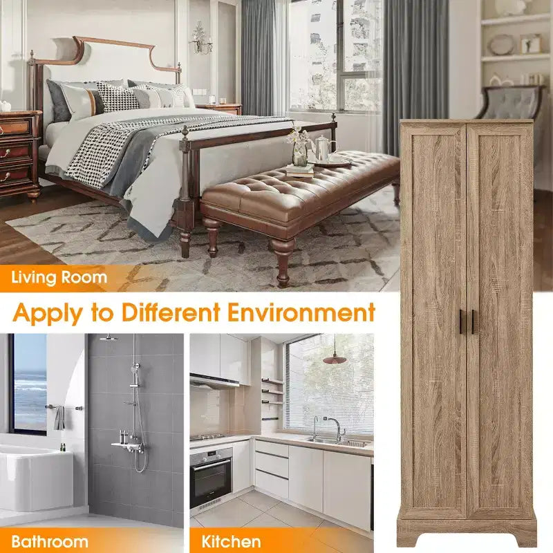 70" Freestanding Wood Storage Cabinet with Double Doors and Adjustable Shelves