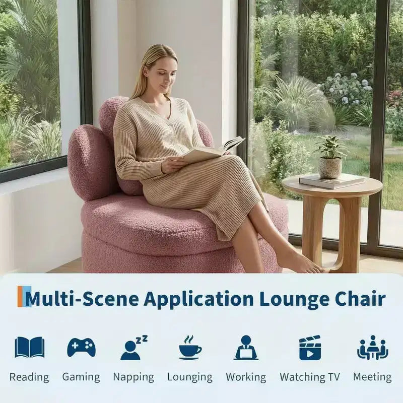Heart Backrest 360° Swivel Lounge Chair with Storage, Teddy Velvet