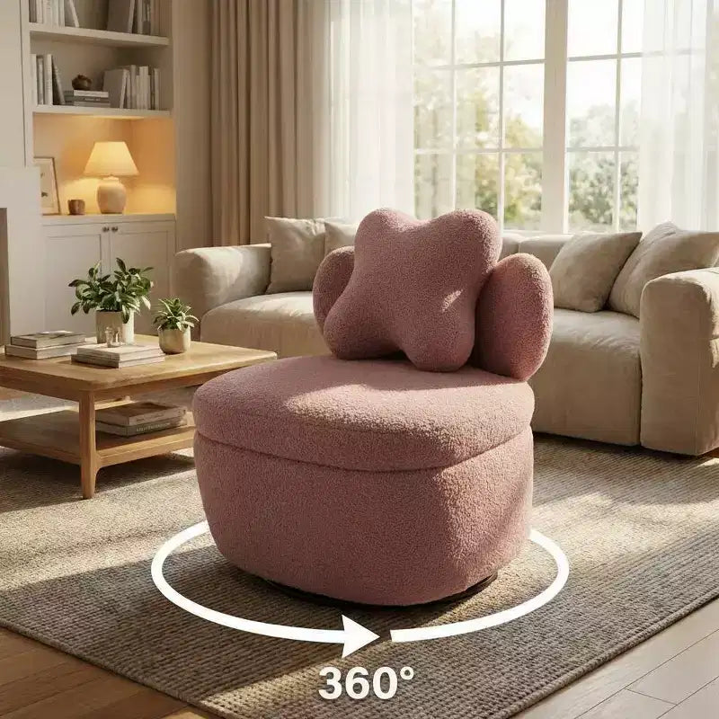 Heart Backrest 360° Swivel Lounge Chair with Storage, Teddy Velvet