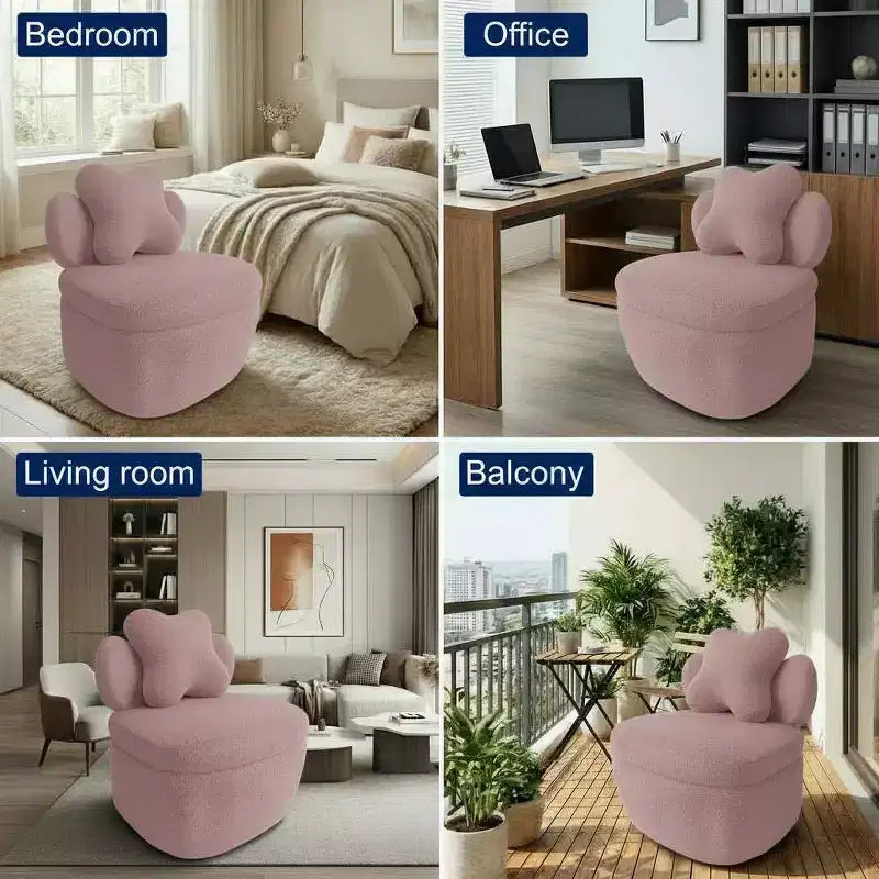 Heart Backrest 360° Swivel Lounge Chair with Storage, Teddy Velvet