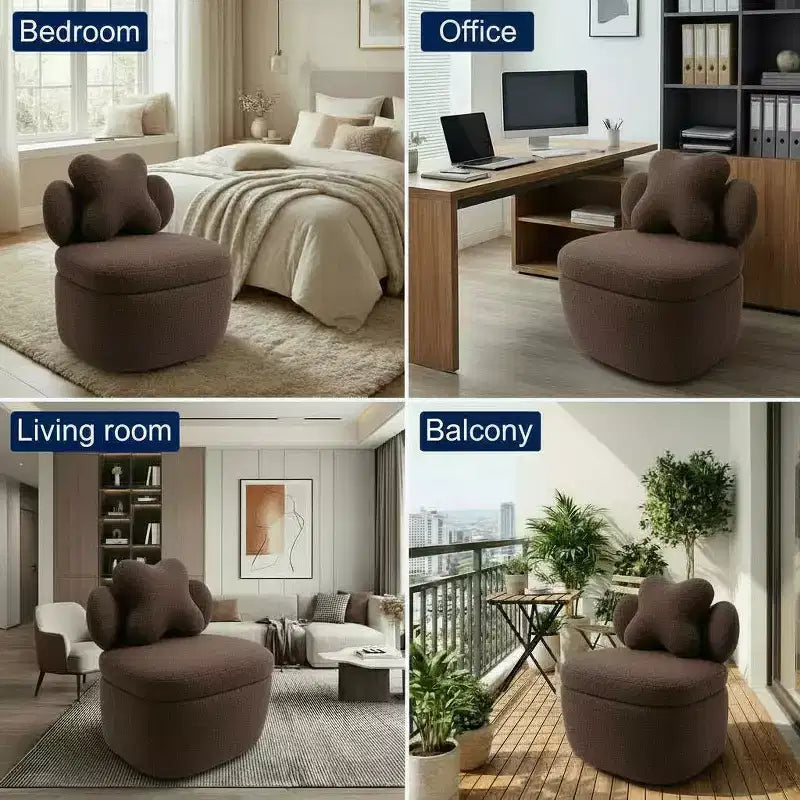 Heart Backrest 360° Swivel Lounge Chair with Storage, Teddy Velvet
