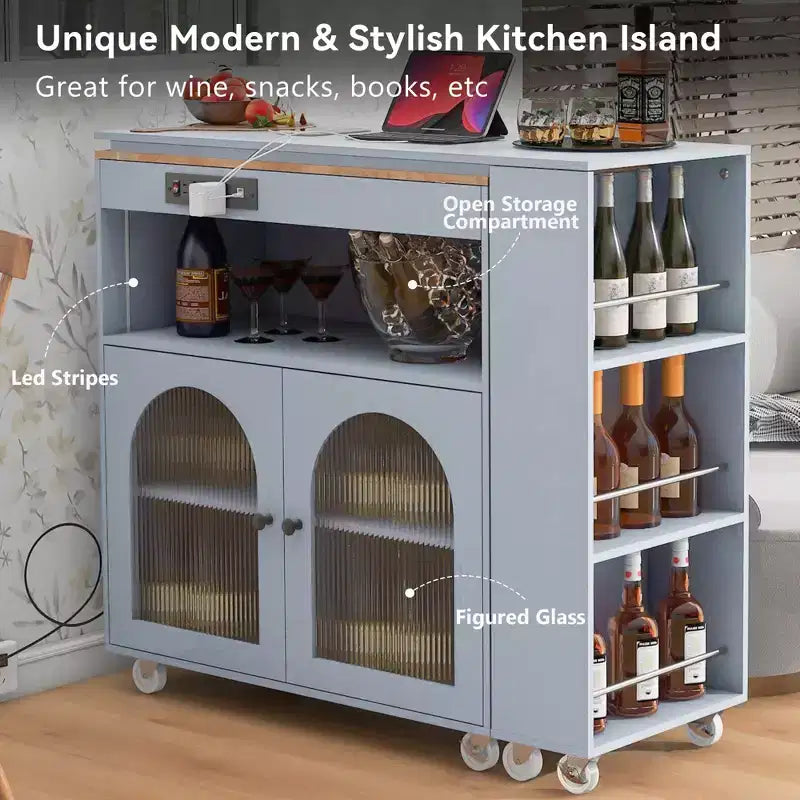 Îlot de cuisine moderne roulant avec table mobile, portes en verre cannelé, éclairage LED et prise de courant