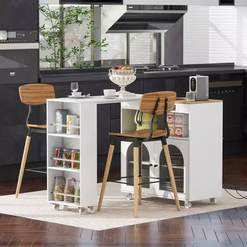 Îlot de cuisine moderne roulant avec table mobile, portes en verre cannelé, éclairage LED et prise de courant
