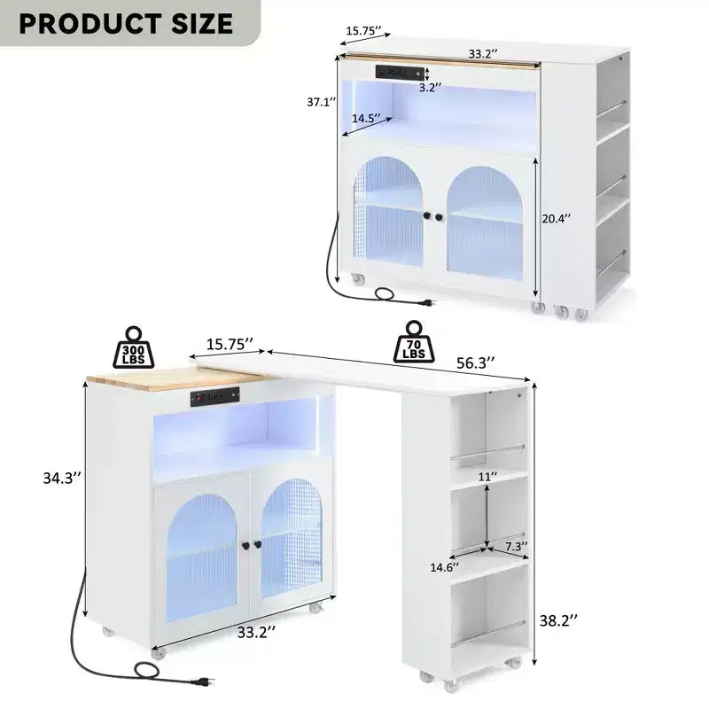 Îlot de cuisine moderne roulant avec table mobile, portes en verre cannelé, éclairage LED et prise de courant