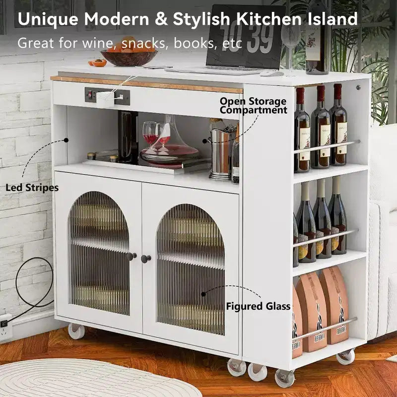 Îlot de cuisine moderne roulant avec table mobile, portes en verre cannelé, éclairage LED et prise de courant