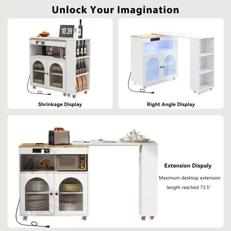 Îlot de cuisine moderne roulant avec table mobile, portes en verre cannelé, éclairage LED et prise de courant
