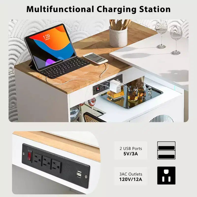 Îlot de cuisine moderne roulant avec table mobile, portes en verre cannelé, éclairage LED et prise de courant