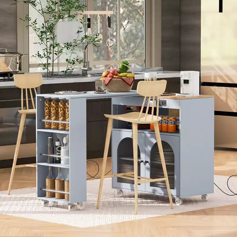Modern Rolling Kitchen Island with Movable Table, Fluted Glass Doors, LED Light and Power Outlet