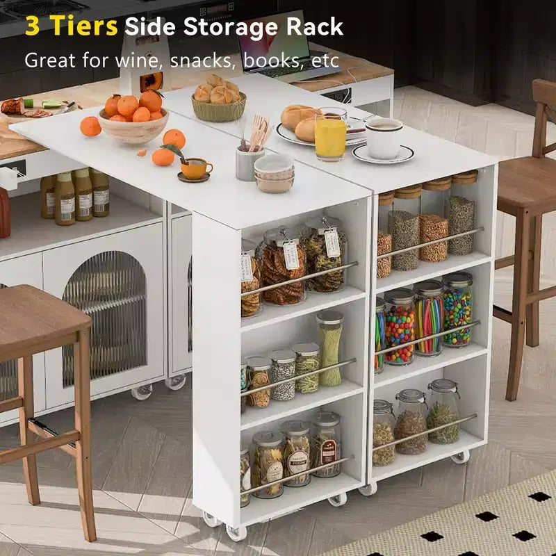 Îlot de cuisine moderne roulant avec table mobile, portes en verre cannelé, éclairage LED et prise de courant
