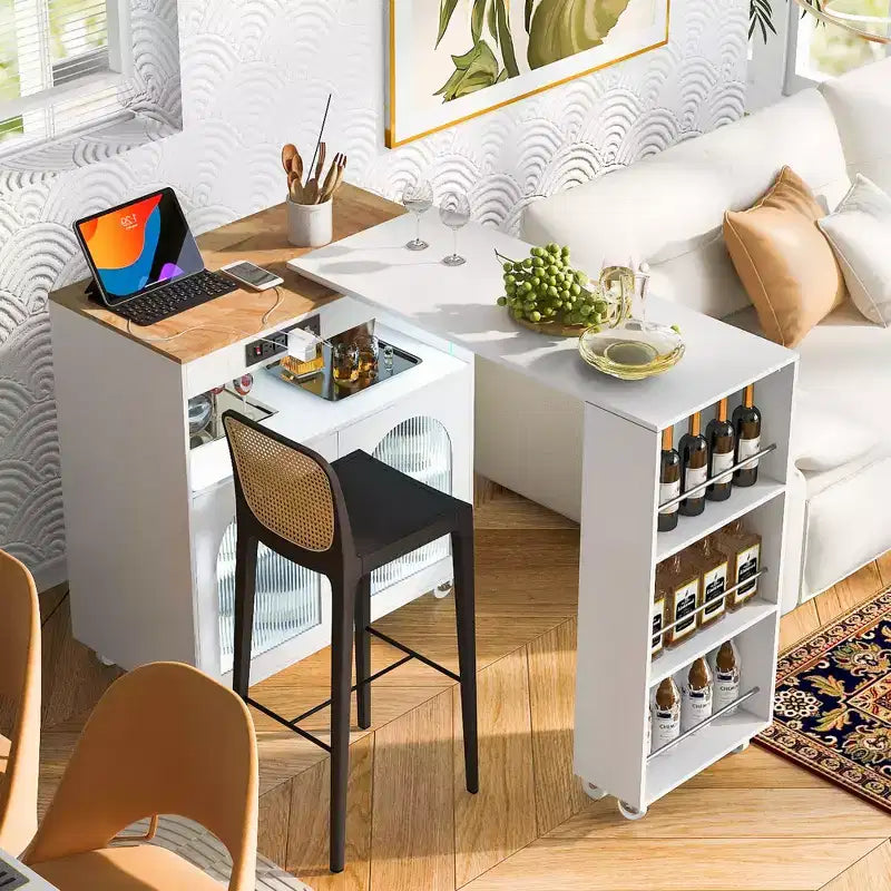 Îlot de cuisine moderne roulant avec table mobile, portes en verre cannelé, éclairage LED et prise de courant