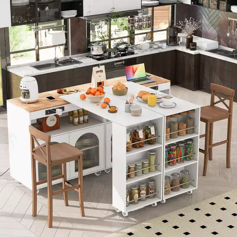 Îlot de cuisine moderne roulant avec table mobile, portes en verre cannelé, éclairage LED et prise de courant