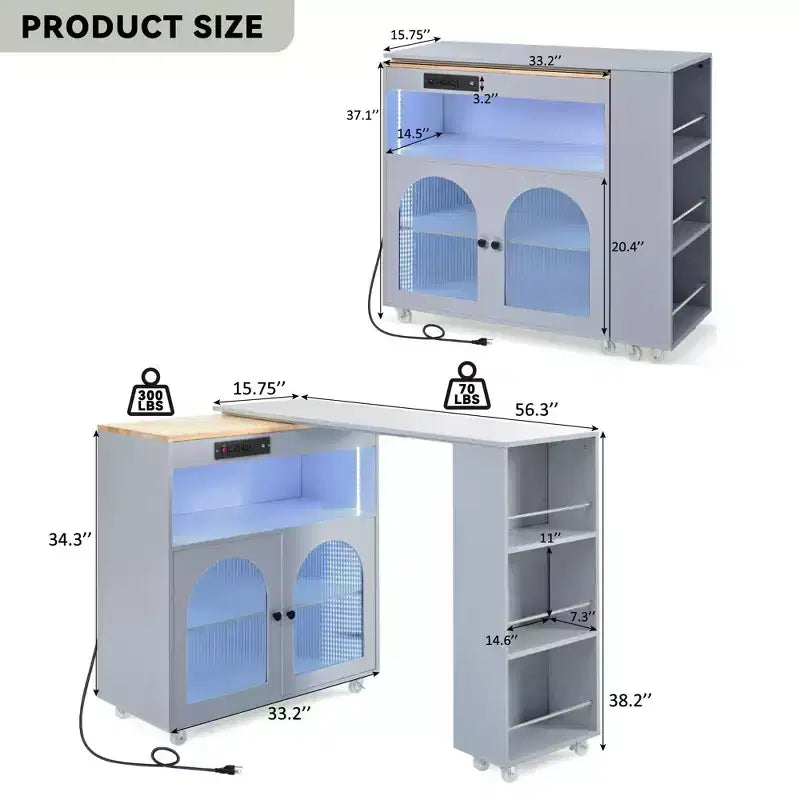 Modern Rolling Kitchen Island with Movable Table, Fluted Glass Doors, LED Light and Power Outlet