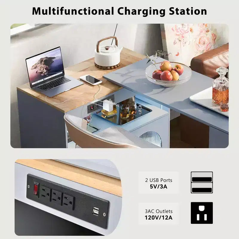 Îlot de cuisine moderne roulant avec table mobile, portes en verre cannelé, éclairage LED et prise de courant