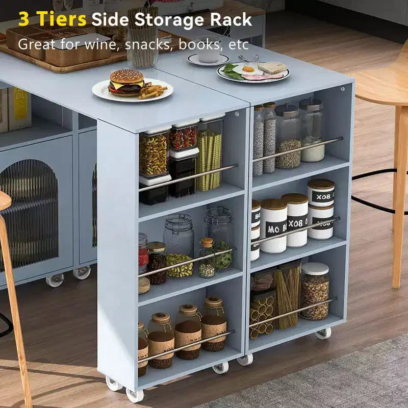 Îlot de cuisine moderne roulant avec table mobile, portes en verre cannelé, éclairage LED et prise de courant