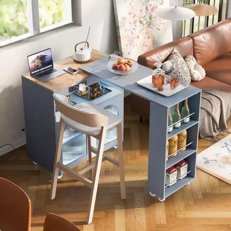 Îlot de cuisine moderne roulant avec table mobile, portes en verre cannelé, éclairage LED et prise de courant