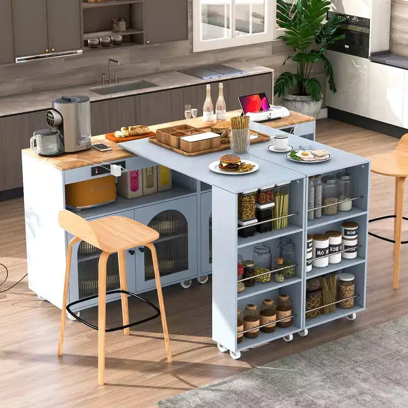 Îlot de cuisine moderne roulant avec table mobile, portes en verre cannelé, éclairage LED et prise de courant