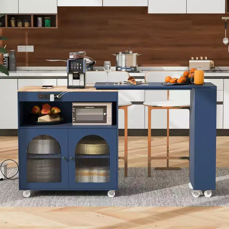 Modern Rolling Kitchen Island with Movable Table, Fluted Glass Doors, LED Light and Power Outlet