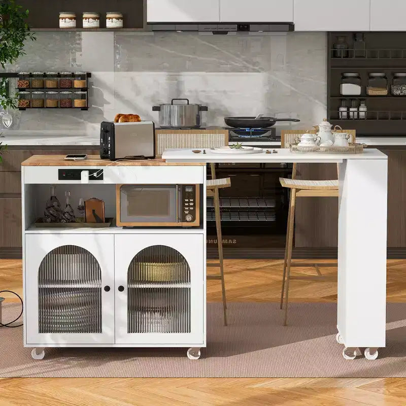 Modern Rolling Kitchen Island with Movable Table, Fluted Glass Doors, LED Light and Power Outlet