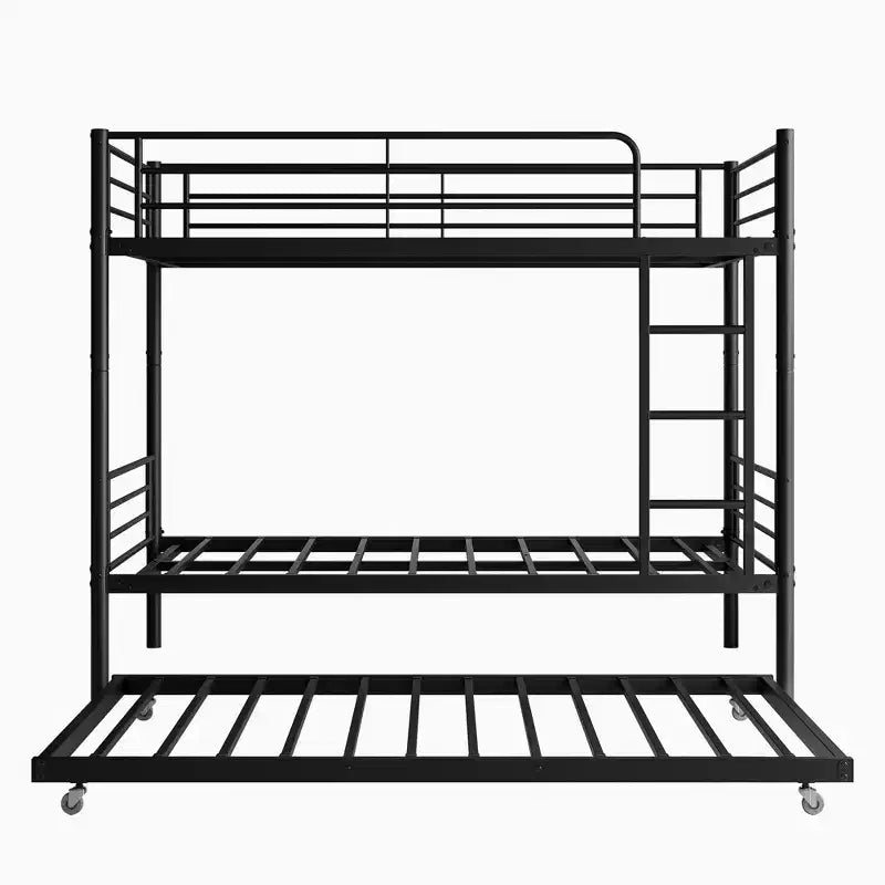 Twin over Twin Bunk Bed with Trundle, Metal Frame with Ladder and Guardrails