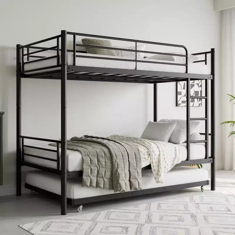 Twin over Twin Bunk Bed with Trundle, Metal Frame with Ladder and Guardrails