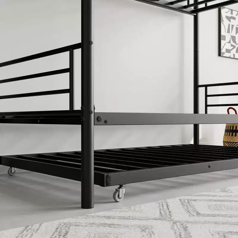 Twin over Twin Bunk Bed with Trundle, Metal Frame with Ladder and Guardrails