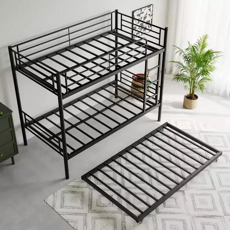 Twin over Twin Bunk Bed with Trundle, Metal Frame with Ladder and Guardrails