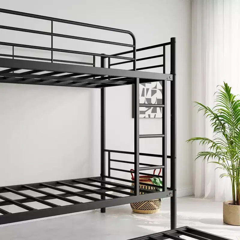 Twin over Twin Bunk Bed with Trundle, Metal Frame with Ladder and Guardrails