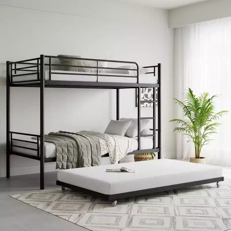 Twin over Twin Bunk Bed with Trundle, Metal Frame with Ladder and Guardrails