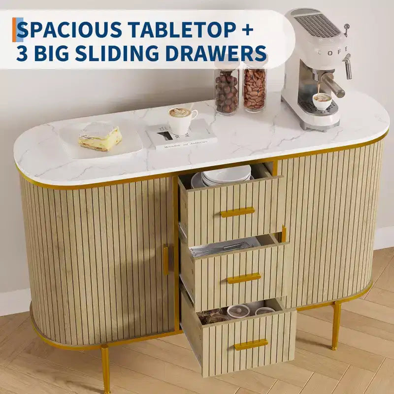 Sideboard Buffet Cabinet with Sliding Door, 3 Drawers and Fluted Design