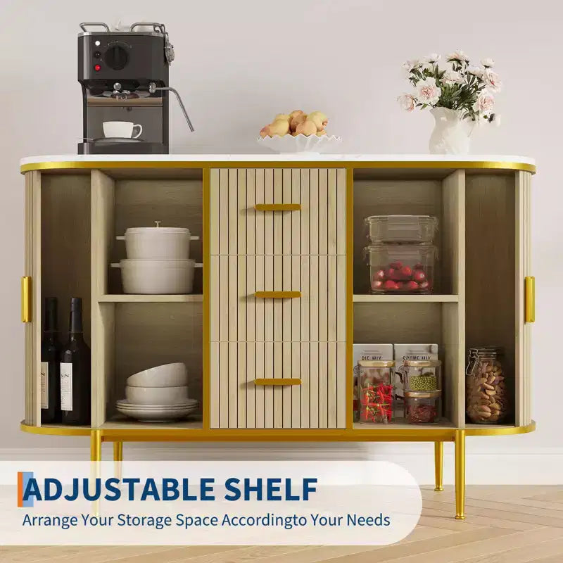 Sideboard Buffet Cabinet with Sliding Door, 3 Drawers and Fluted Design
