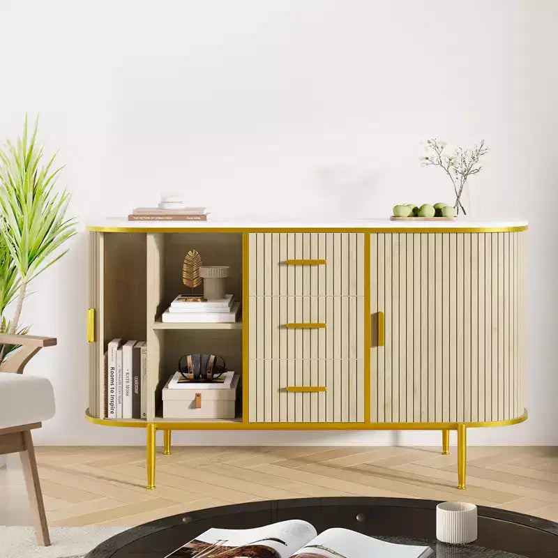 Sideboard Buffet Cabinet with Sliding Door, 3 Drawers and Fluted Design