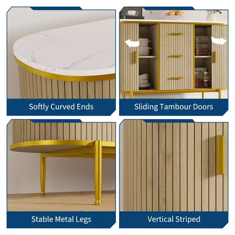 Sideboard Buffet Cabinet with Sliding Door, 3 Drawers and Fluted Design